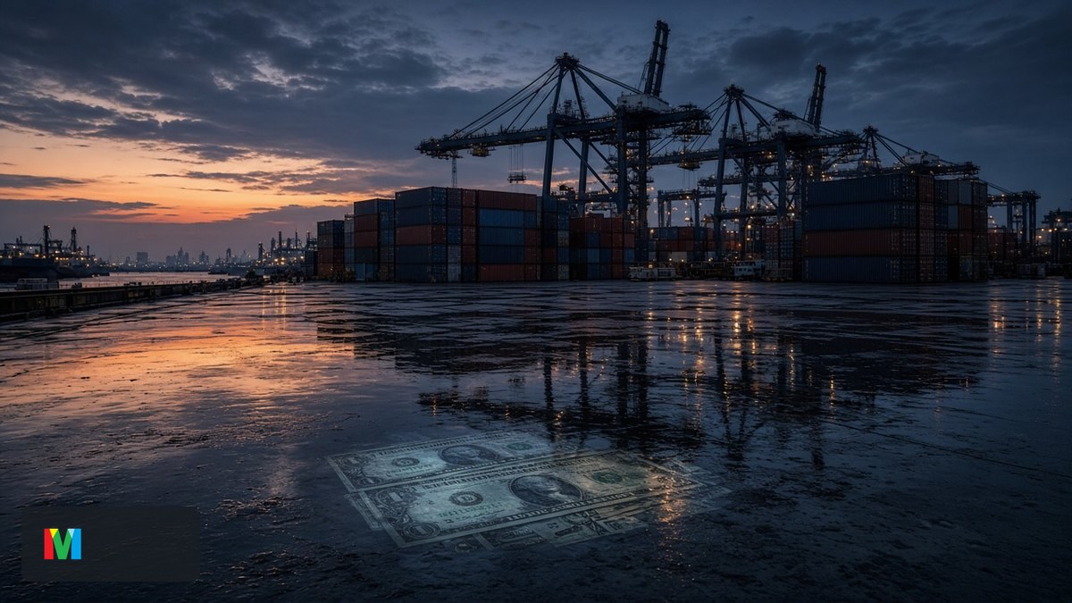 Porto de contêineres ao entardecer, metáfora do comércio global e do déficit dos EUA