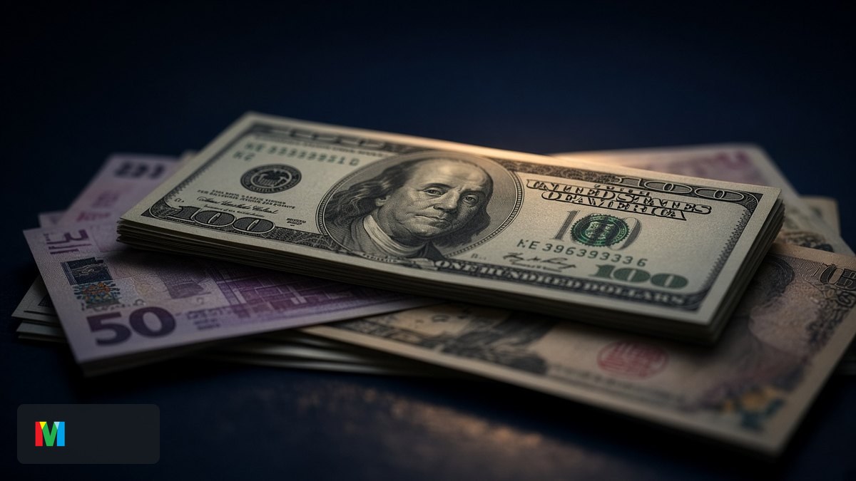 Dólar em primeiro plano sobre notas de euro e iene